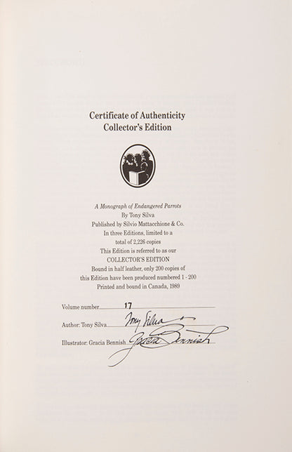A signed limited edition copy of Tony Silva's Monograph of endangered parrots, with 42 plates after illustrations by Gracia Bennish.