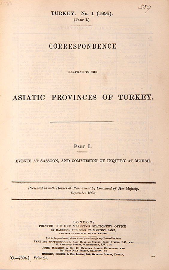 Papers concerning the investigation committee composed of French, British, and Russian representatives sent to Sasun