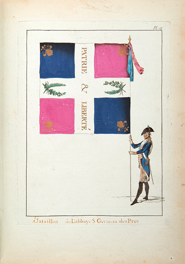 Collection des drapeaux faits by Vieilh de Varennes and Jean-Michel Moreau, one of the rarest 18th-century French illustrated books with contemporary revolutionary provenance.