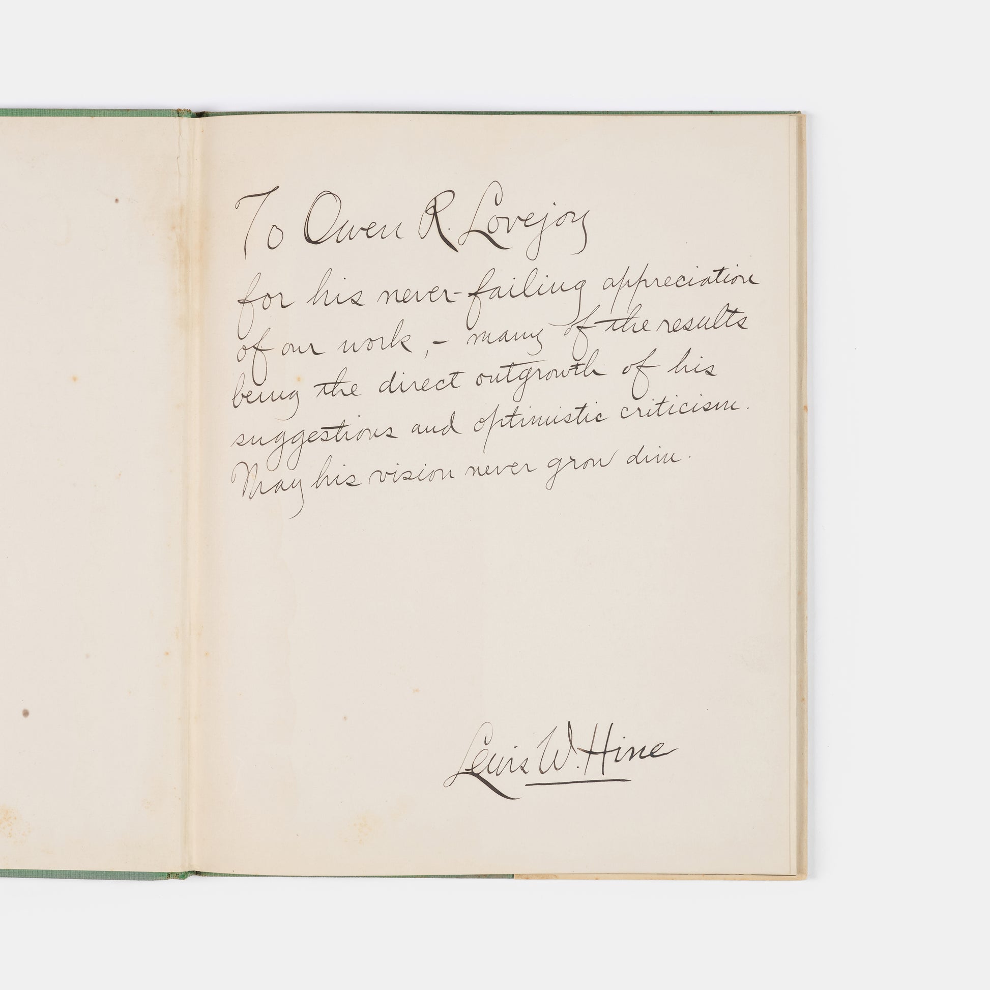 An important presentation copy of Lewis Hine's Men at Work, inscribed to Owen R. Lovejoy who served as the general secretary of the National Child Labor Committee from 1907 to 1926, where Lewis Hine was a staff photographer and art director of their magazine