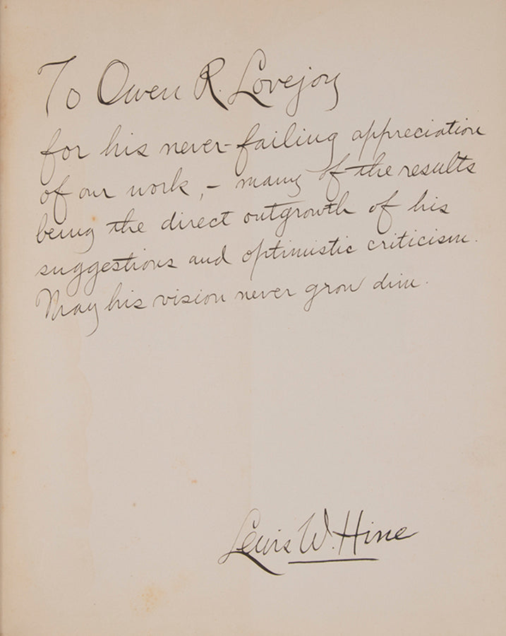 An important presentation copy of Lewis Hine's Men at Work, inscribed to Owen R. Lovejoy who served as the general secretary of the National Child Labor Committee from 1907 to 1926, where Lewis Hine was a staff photographer and art director of their magazine
