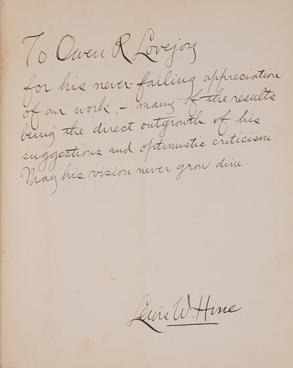 An important presentation copy of Lewis Hine's Men at Work, inscribed to Owen R. Lovejoy who served as the general secretary of the National Child Labor Committee from 1907 to 1926, where Lewis Hine was a staff photographer and art director of their magazine