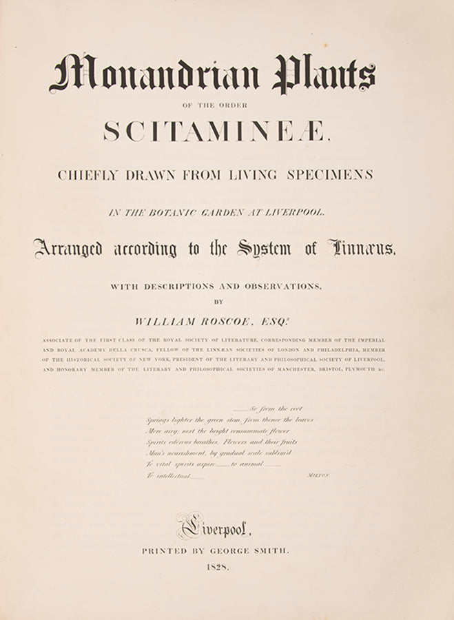 First edition of Monandrian Plants by William Roscoe, one of the most impressive lithographed botanical books.