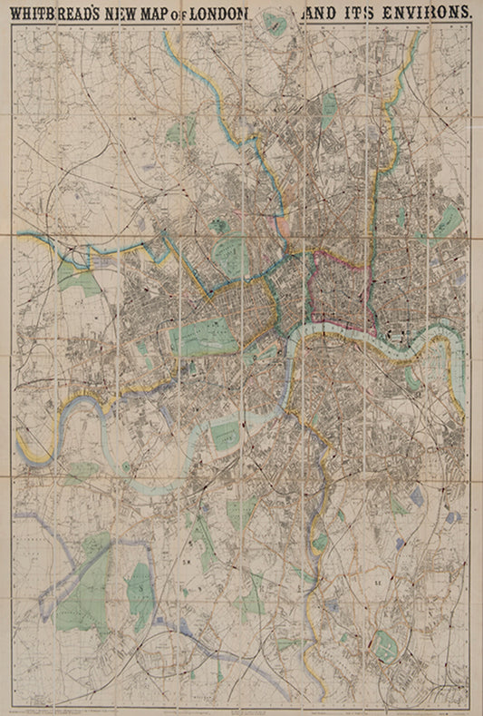 An engraved Map of London and its Environs published by Josiah Whitbread, with hand colouring and a companion index providing references to 20,000 places.