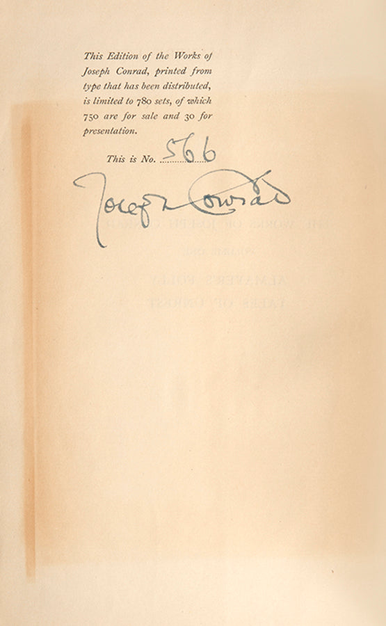 An attractive, signed set of the works of Joseph Conrad, here presented with the loose original printed dedication from Nigger of the 'Narcissus' inserted