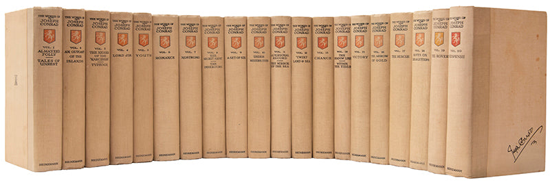 An attractive, signed set of the works of Joseph Conrad, here presented with the loose original printed dedication from Nigger of the 'Narcissus' inserted