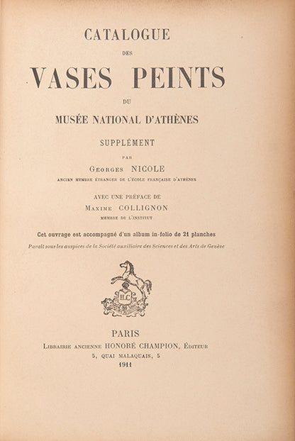 First edition of Catalogue des vases peints du Musee national d'Athenes by Georges Nicole.