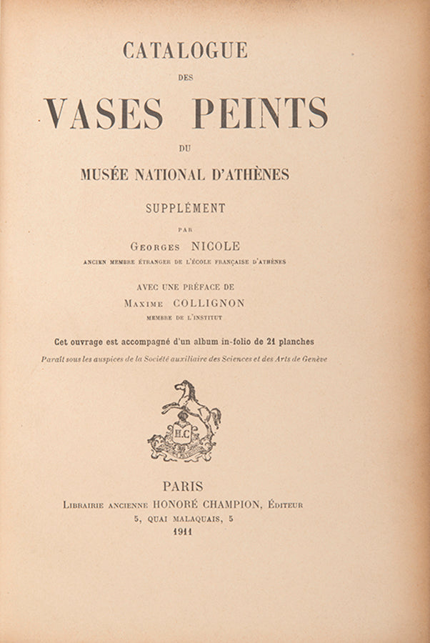 First edition of Catalogue des vases peints du Musee national d'Athenes by Georges Nicole.