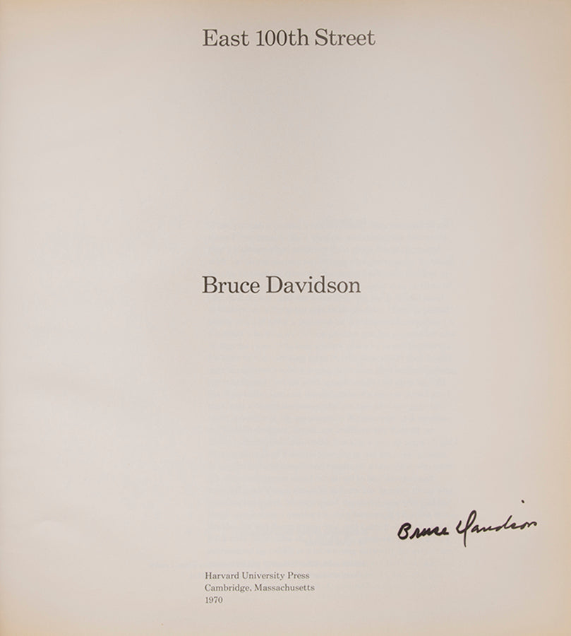 Bruce Davidson regularly visited East Harlem with a view camera and tripod with which he photographed the residents of a city block on East 100th Street between First and Second Avenues in New York. Davidson chose this block because, at the time, it had a reputation as being one of the worst in the city.