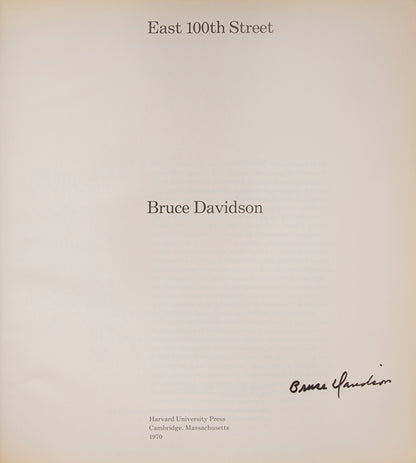 Bruce Davidson regularly visited East Harlem with a view camera and tripod with which he photographed the residents of a city block on East 100th Street between First and Second Avenues in New York. Davidson chose this block because, at the time, it had a reputation as being one of the worst in the city.