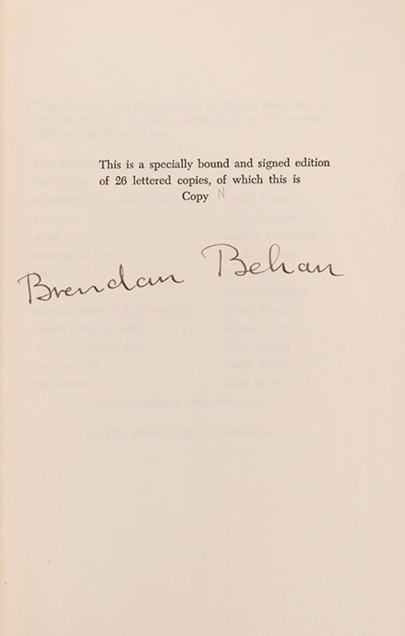 First US edition, limited issue of The Hostage by Brendan Behan, one of 26 lettered copies specially bound and signed by the author.