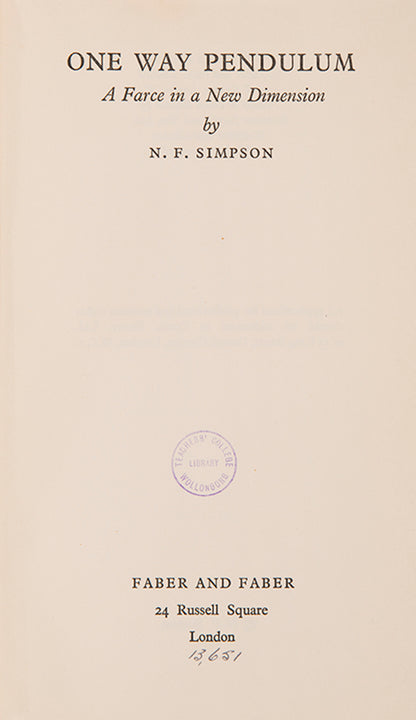 First edition of One Way Pendulum by N.F. Simpson, his second full-length play.