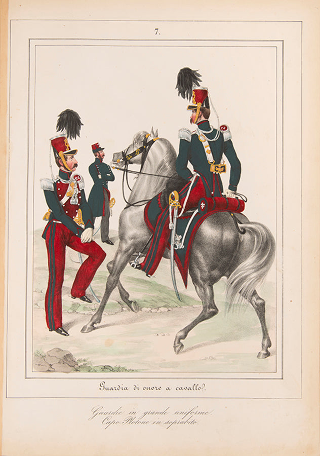 A lively set of Neapolitan military plates within ruled borders, captioned below image and with a 2-line description of the plate.