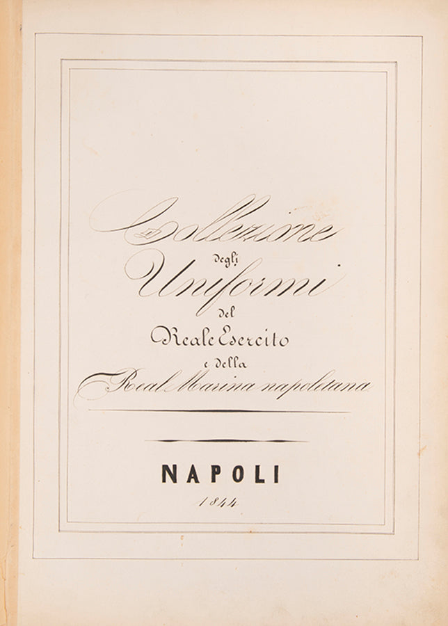 A lively set of Neapolitan military plates within ruled borders, captioned below image and with a 2-line description of the plate.