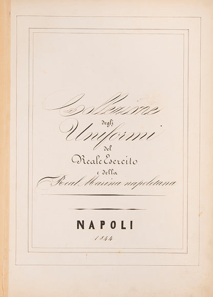 A lively set of Neapolitan military plates within ruled borders, captioned below image and with a 2-line description of the plate.