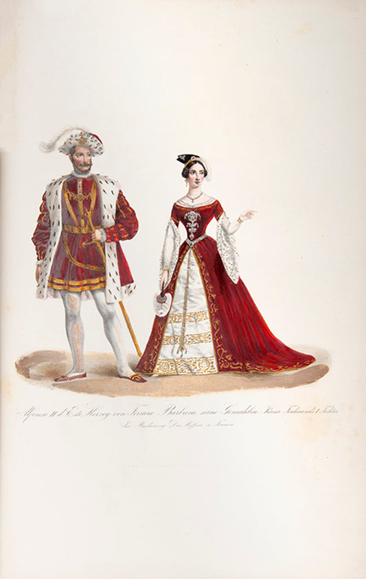 Lange's rare work on Ferrara. The plates herein represent fancy-dress costumes for this 1843 recreation of a celebration at the Court of Ferrara, bedecked in Renaissance splendour