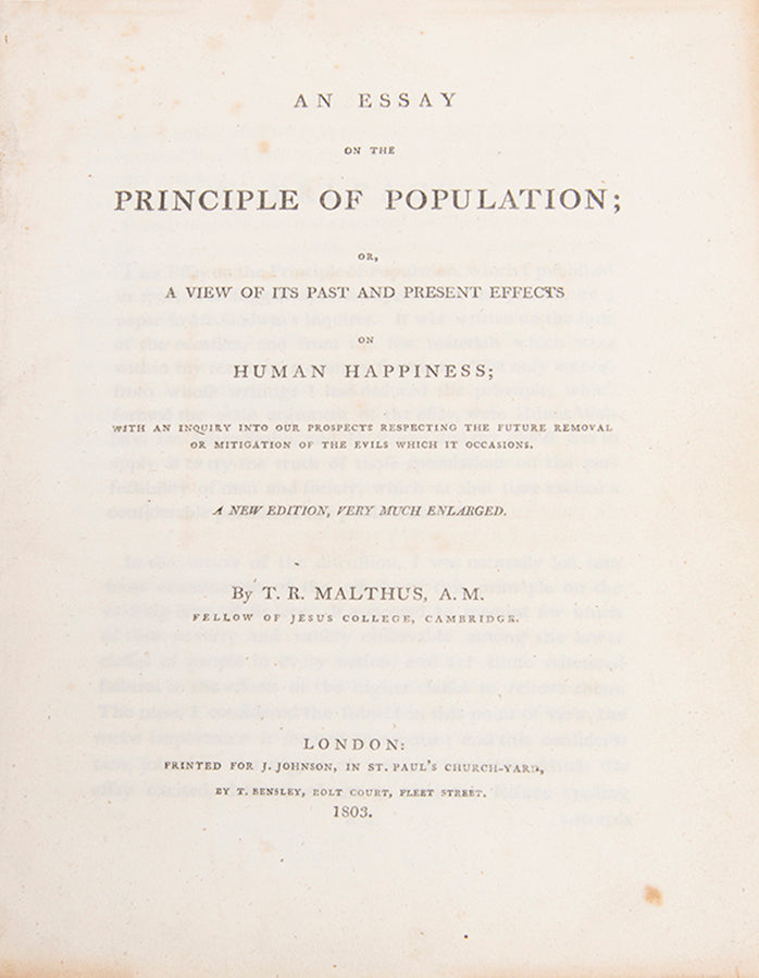 The second edition of Thomas Malthus' Essay on the Principle of Population, in essence a new work laying emphasis 