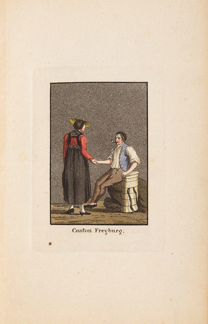 In Trachsler's scarce book, each plate features a male and female figure against a grey aquatint background.