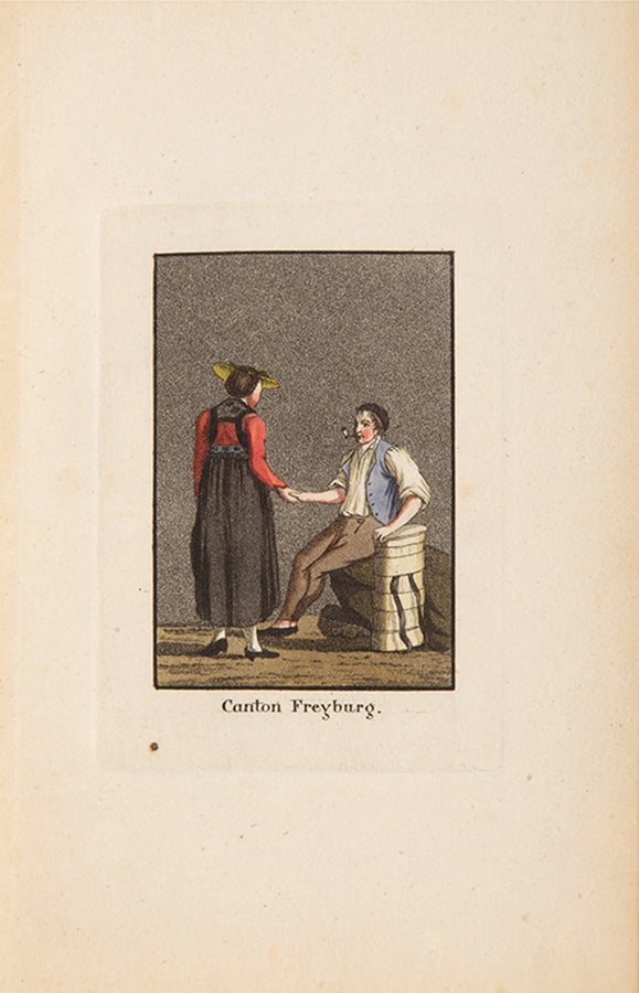 In Trachsler's scarce book, each plate features a male and female figure against a grey aquatint background.