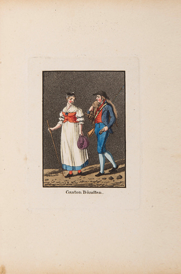 In Trachsler's scarce book, each plate features a male and female figure against a grey aquatint background.