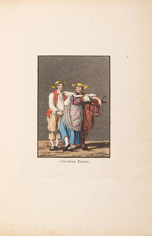 In Trachsler's scarce book, each plate features a male and female figure against a grey aquatint background.
