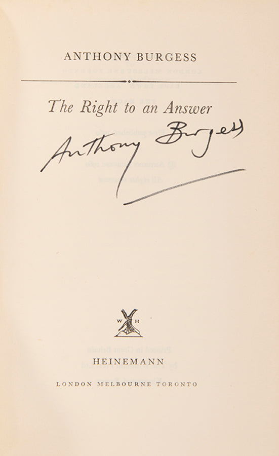 First edition of The Right to an Answer by Anthony Burgess, signed by the author.