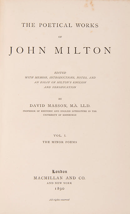 A handsome three-volume edition of Milton's collected works, with critical notes, in green morocco gilt by Hatchards.
