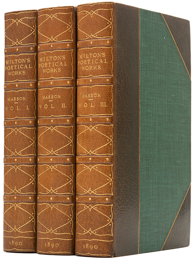 A handsome three-volume edition of Milton's collected works, with critical notes, in green morocco gilt by Hatchards.