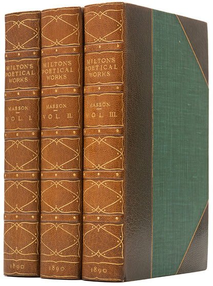 A handsome three-volume edition of Milton's collected works, with critical notes, in green morocco gilt by Hatchards.
