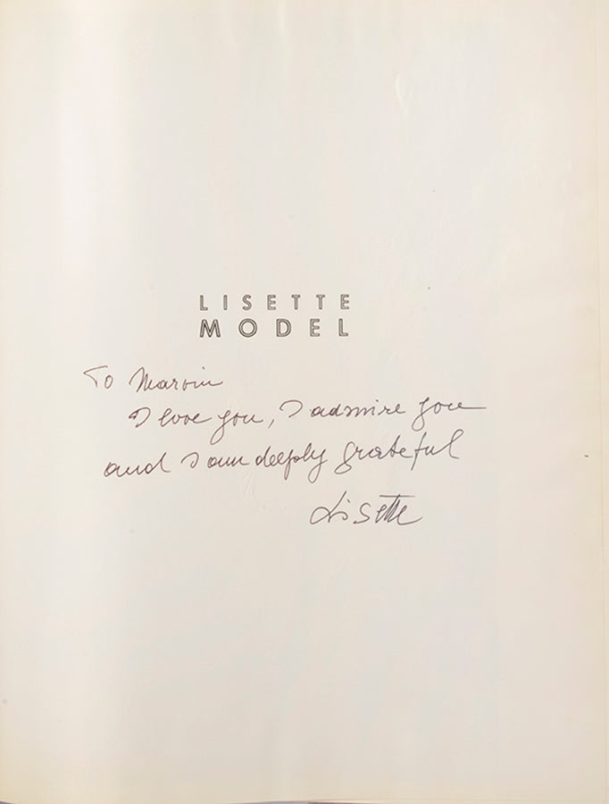 Lisette Model's first monograph, inscribed to her friend Marvin Israel who designed the book.