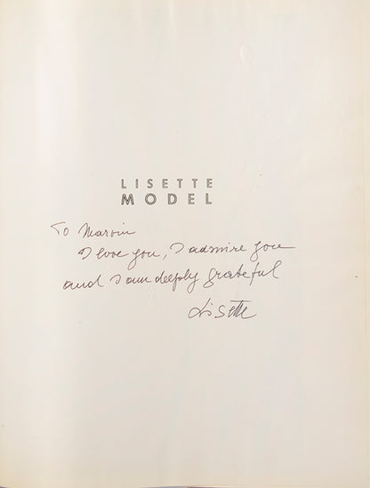 Lisette Model's first monograph, inscribed to her friend Marvin Israel who designed the book.