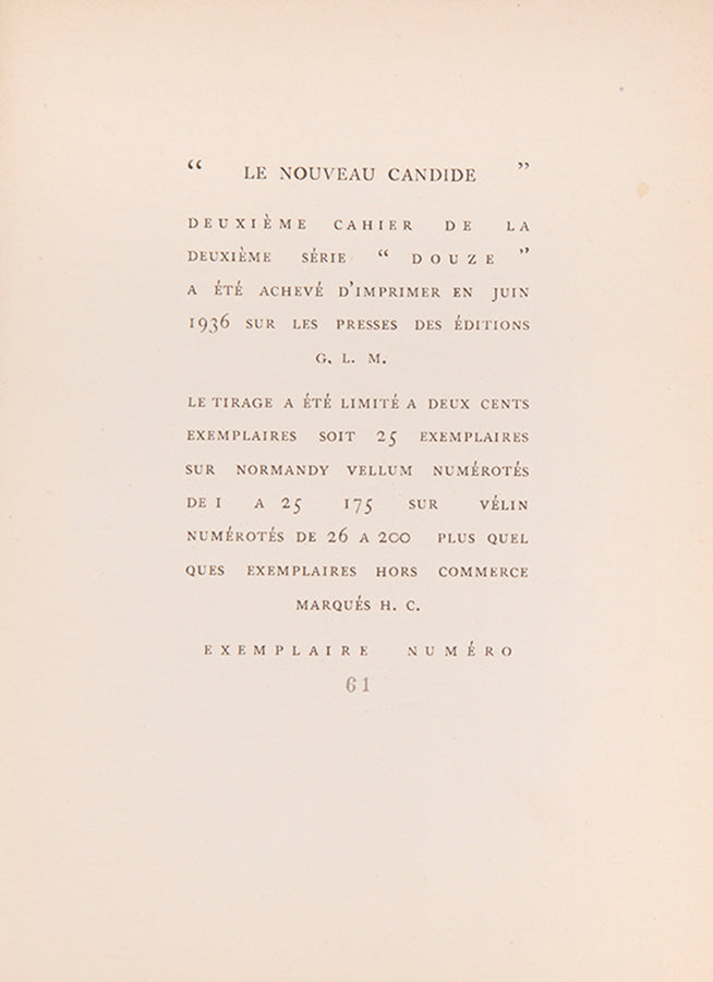 First edition of Le Nouveau Candide by Valentine Penrose, inscribed by the author to André Breton. 