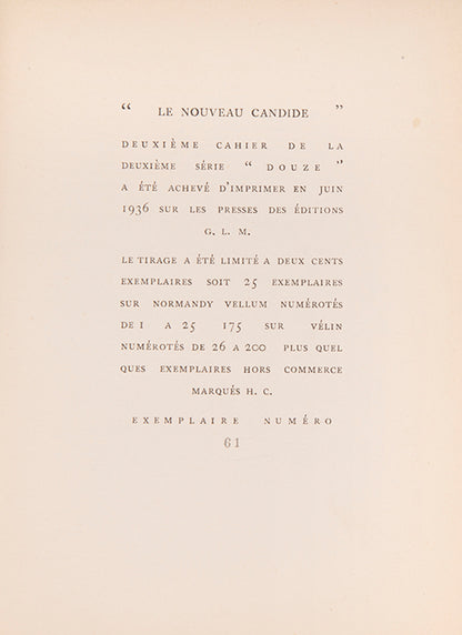 First edition of Le Nouveau Candide by Valentine Penrose, inscribed by the author to André Breton. 