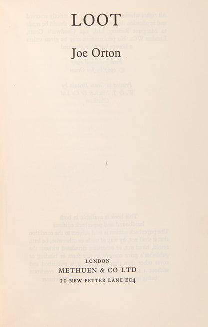 First edition, casebound issue of Loot by Joe Orton, his second staged play.