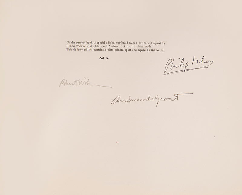 First edition of Einstein on the Beach by Robert Wilson, Philip Glass and Andrew de Groat. One of 100 signed copies with a signed plate.