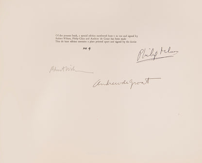 First edition of Einstein on the Beach by Robert Wilson, Philip Glass and Andrew de Groat. One of 100 signed copies with a signed plate.