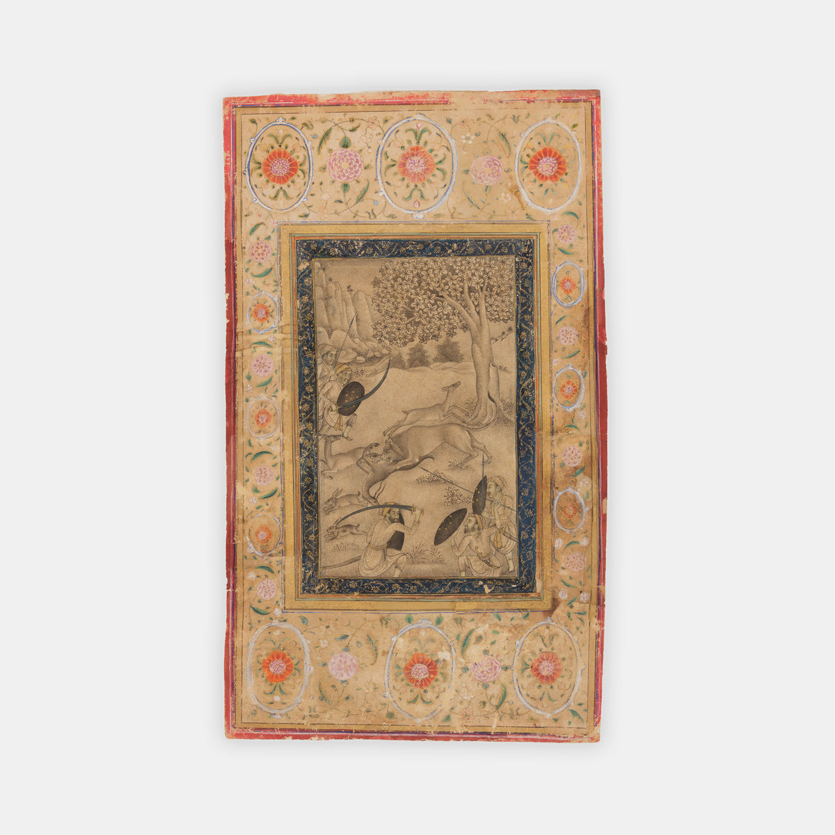 Drawing of a lion hunting scene from an album with painted floral border designs, from Mughal India in the mid-nineteenth century.