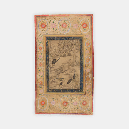 Drawing of a lion hunting scene from an album with painted floral border designs, from Mughal India in the mid-nineteenth century.
