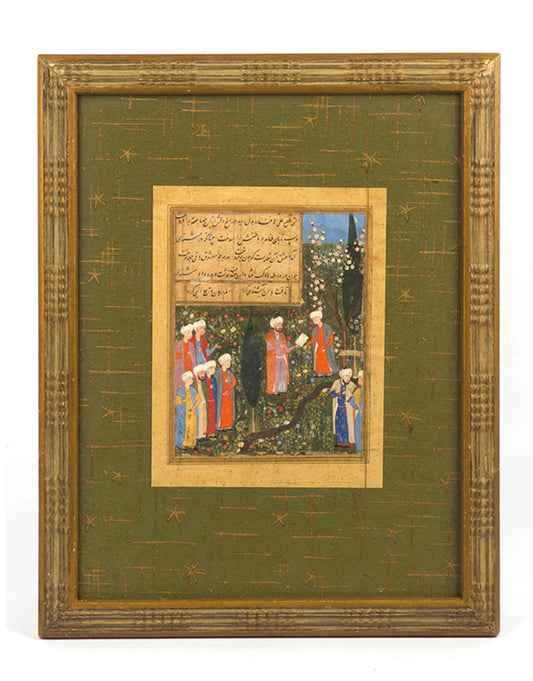 Single dispersed folio from an illuminated manuscript, with one illuminated miniature, text in Farsi.