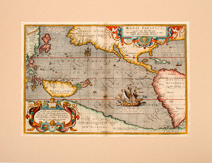 Double-page copper engraved map with later hand-colouring<br />Well-preserved example of Ortelius' map of the Pacific, taken from the fifth, final, and most complete French edition of <em>Theatre de l'Univer</em>