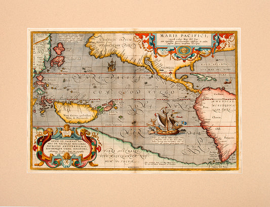 Double-page copper engraved map with later hand-colouring<br />Well-preserved example of Ortelius' map of the Pacific, taken from the fifth, final, and most complete French edition of Theatre de l'Univer
