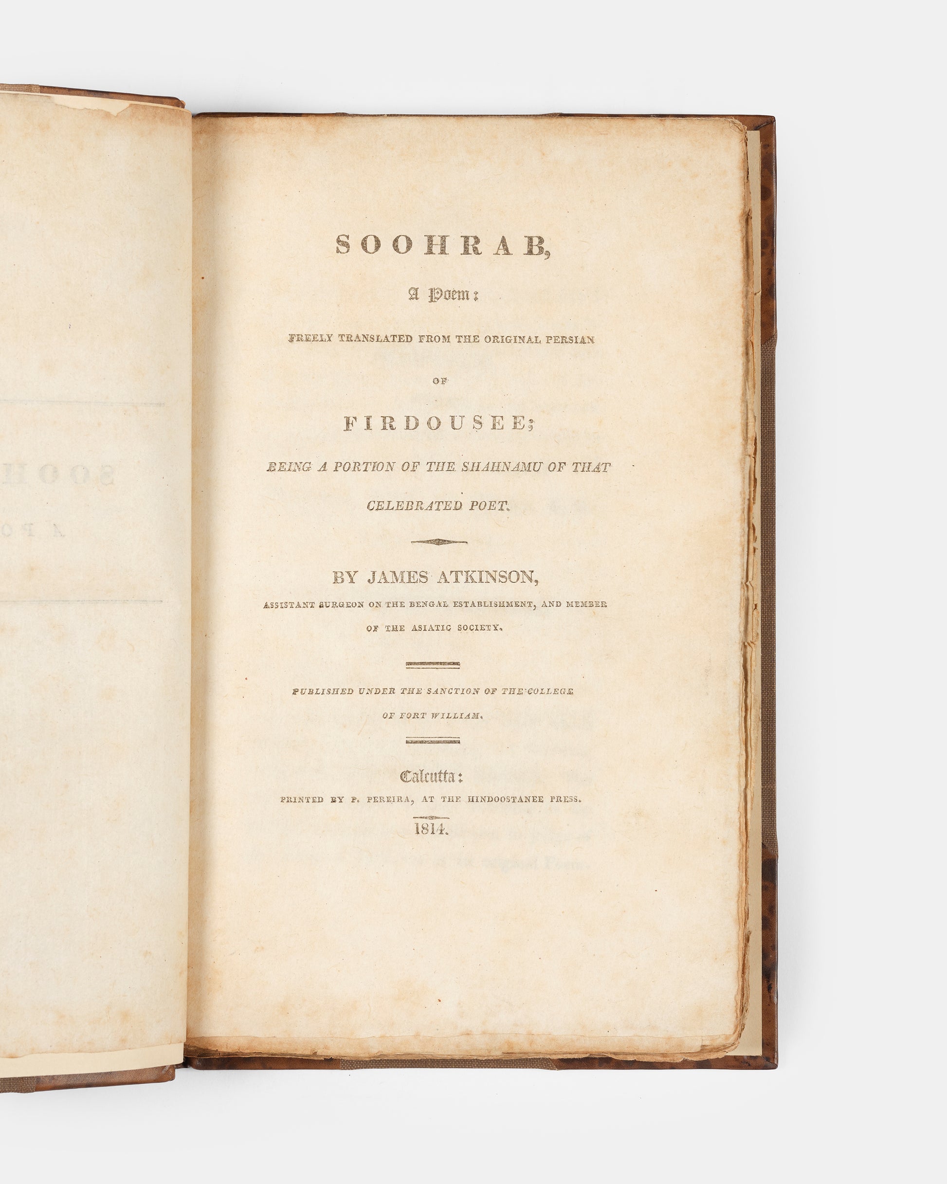 Early English translation of ferdowsi's shahnameh containing the section about soohrab, printed in Calcutta in 1814.