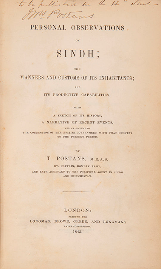 Postans (1808-46) was assistant to the political agent in Sindh and Baluchistan