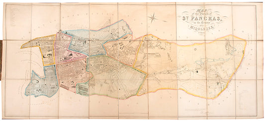 A large engraved map of the ancient parish of St Pancras, with contemporary hand colouring showing the division of the paris into 8 wards.