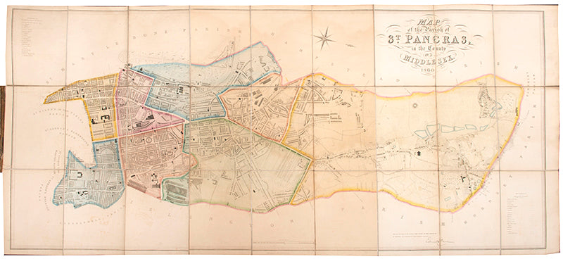 A large engraved map of the ancient parish of St Pancras, with contemporary hand colouring showing the division of the paris into 8 wards.