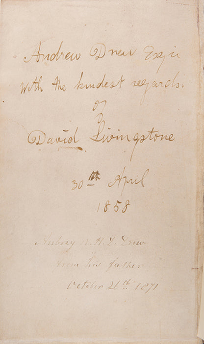 Inscribed presentation copy of Livingstone's Missionary Travels to Andrew Drew, Admiral of the fleet and responsible for the Caroline Affair of 1837.