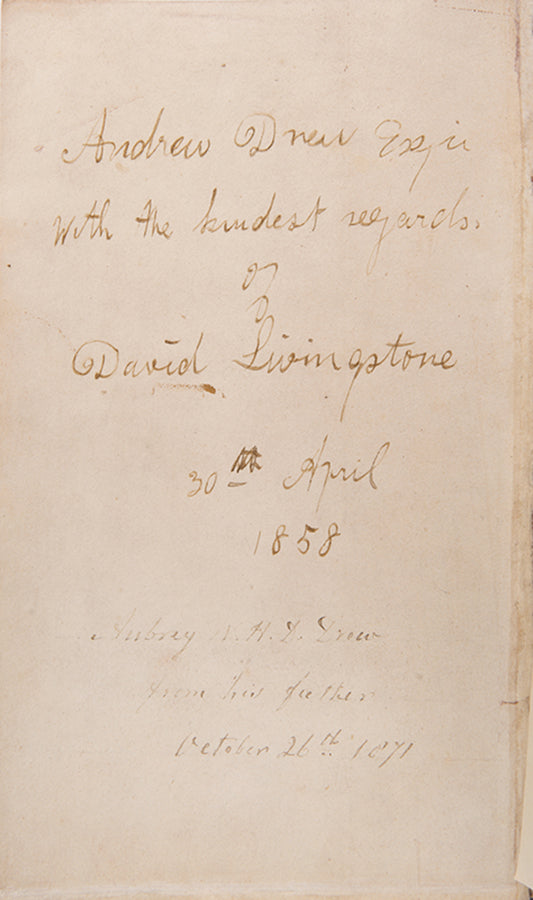 Inscribed presentation copy of Livingstone's Missionary Travels to Andrew Drew, Admiral of the fleet and responsible for the Caroline Affair of 1837.