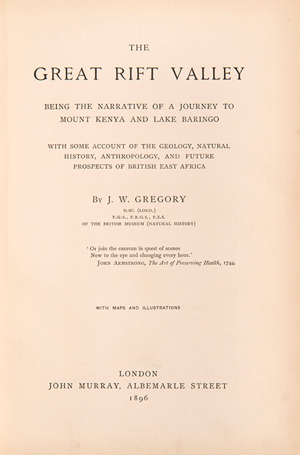 The Great Rift Valley descirbes John Walter Gregory's important exploration expedition in the hitherto unknown highland regions of Mt. Kenya.