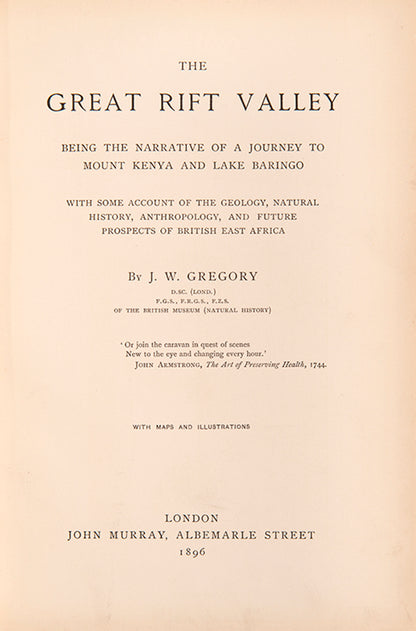 The Great Rift Valley descirbes John Walter Gregory's important exploration expedition in the hitherto unknown highland regions of Mt. Kenya.