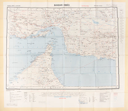 An excellent example of a double-sided coloured escape map of the Arabian Gulf, showing the UAE and Oman to recto, and Qatar to verso.